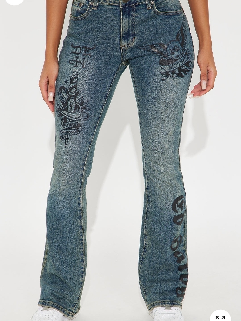 Ed Hardy Blue Denim Flare Jeans with Black Tattoo Graphics
